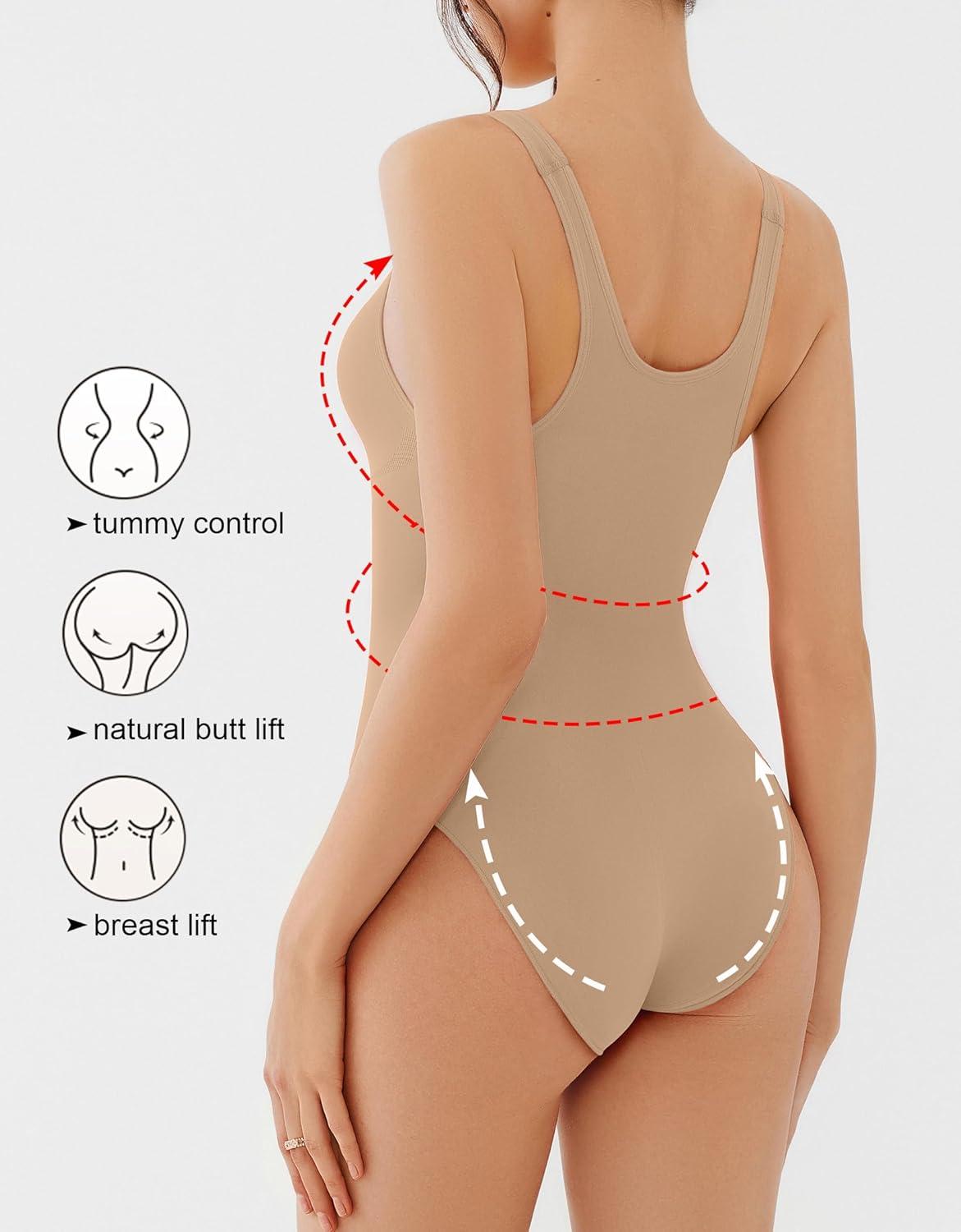 imageREORIA Womens Summer Tank Bodysuits Trendy Sexy Leotard V Neck Sleeveless Bodysuits TopsNude