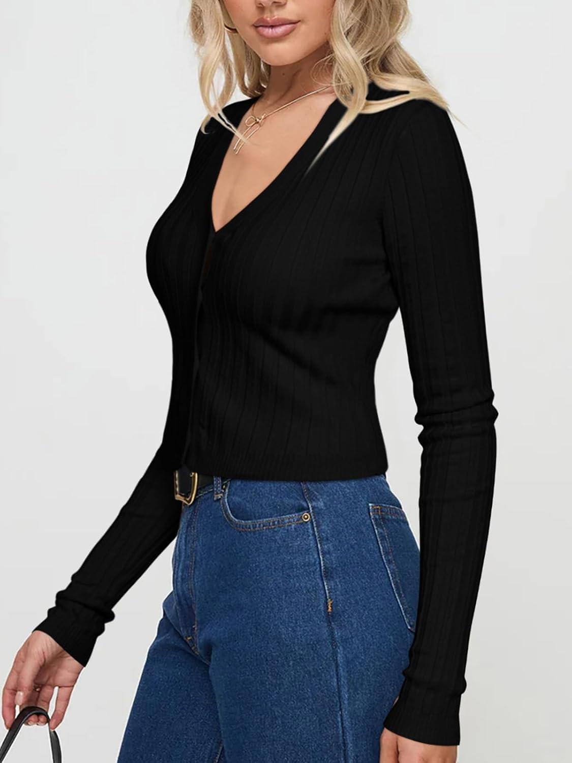 imageREORIA Womens Trendy V Neck Open Front Lightweight Button Down Knit Cardigan Long Sleeve Cropped Sweaters Fall OutfitsBlack