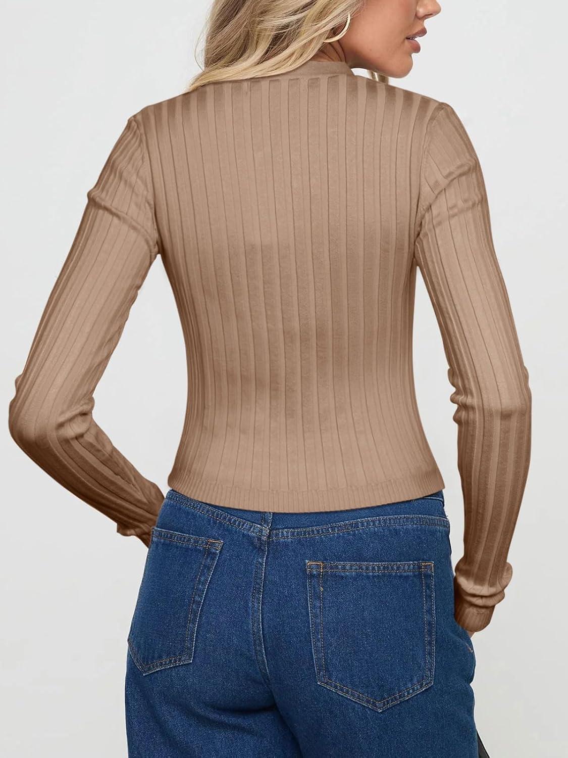 imageREORIA Womens Trendy V Neck Open Front Lightweight Button Down Knit Cardigan Long Sleeve Cropped Sweaters Fall OutfitsDeep Apricot