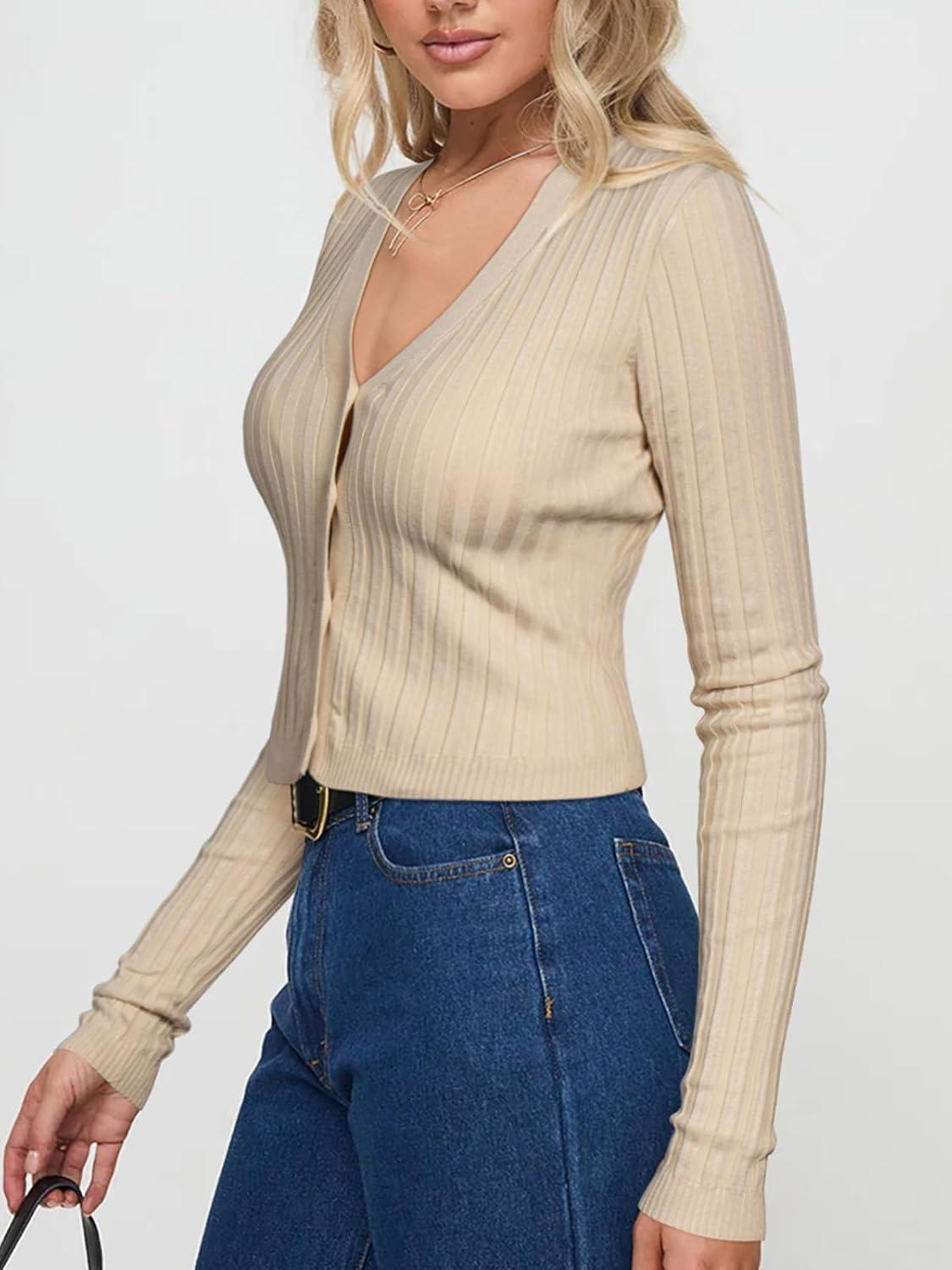 imageREORIA Womens Trendy V Neck Open Front Lightweight Button Down Knit Cardigan Long Sleeve Cropped Sweaters Fall OutfitsLight Apricot