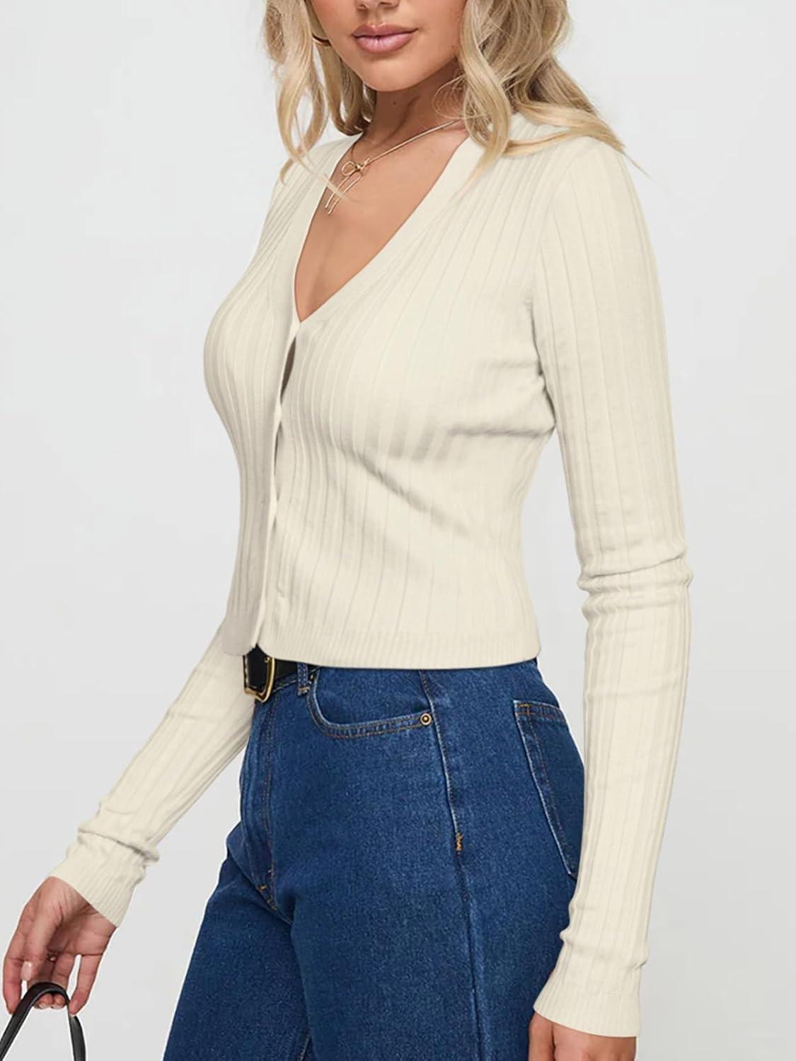 imageREORIA Womens Trendy V Neck Open Front Lightweight Button Down Knit Cardigan Long Sleeve Cropped Sweaters Fall OutfitsOffwhite