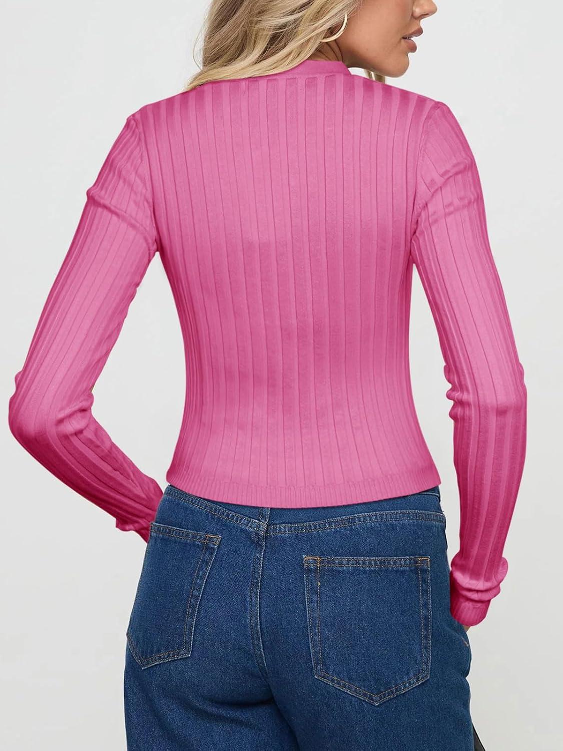 imageREORIA Womens Trendy V Neck Open Front Lightweight Button Down Knit Cardigan Long Sleeve Cropped Sweaters Fall OutfitsPink
