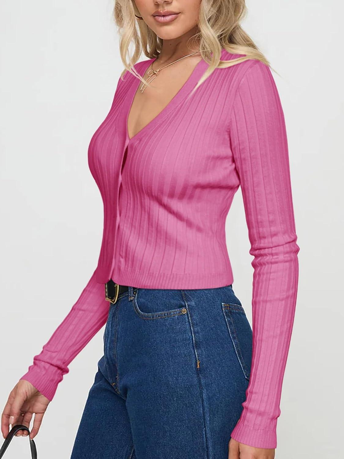 imageREORIA Womens Trendy V Neck Open Front Lightweight Button Down Knit Cardigan Long Sleeve Cropped Sweaters Fall OutfitsPink