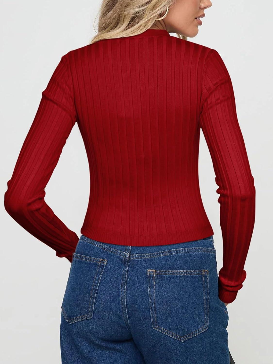 imageREORIA Womens Trendy V Neck Open Front Lightweight Button Down Knit Cardigan Long Sleeve Cropped Sweaters Fall OutfitsRed