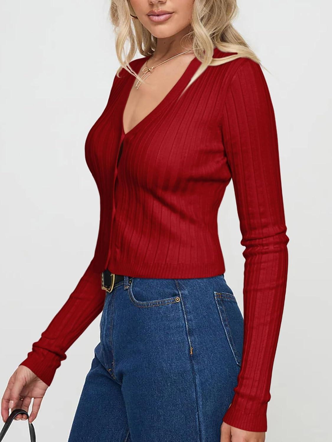 imageREORIA Womens Trendy V Neck Open Front Lightweight Button Down Knit Cardigan Long Sleeve Cropped Sweaters Fall OutfitsRed