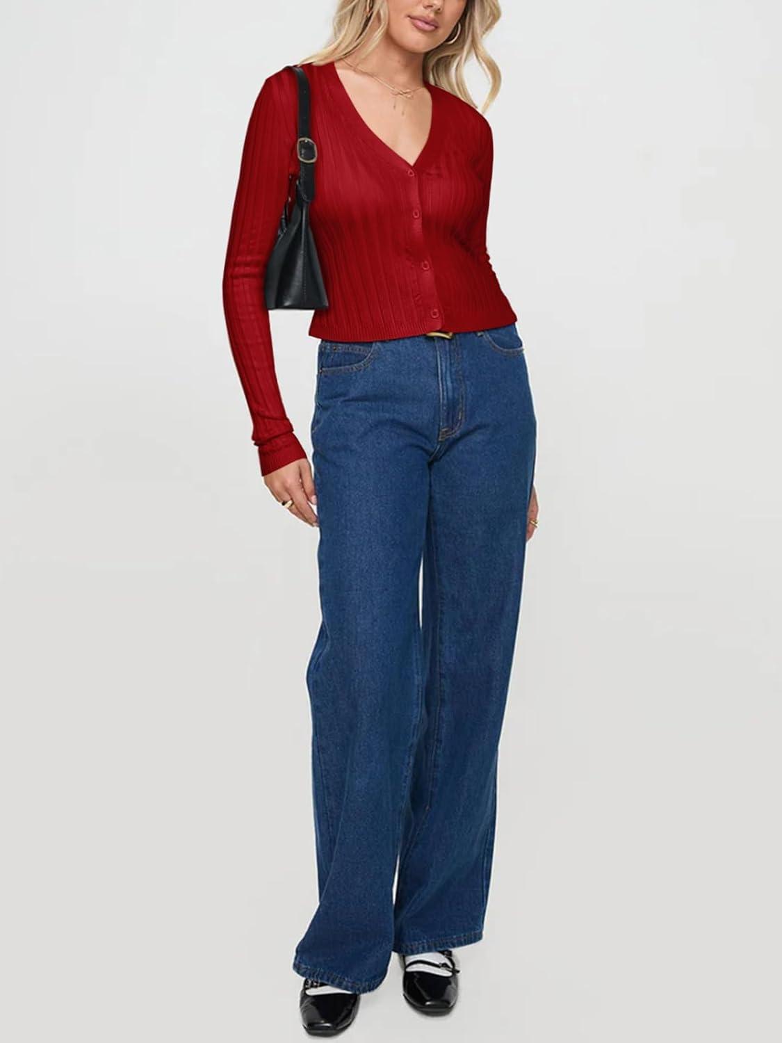 imageREORIA Womens Trendy V Neck Open Front Lightweight Button Down Knit Cardigan Long Sleeve Cropped Sweaters Fall OutfitsRed