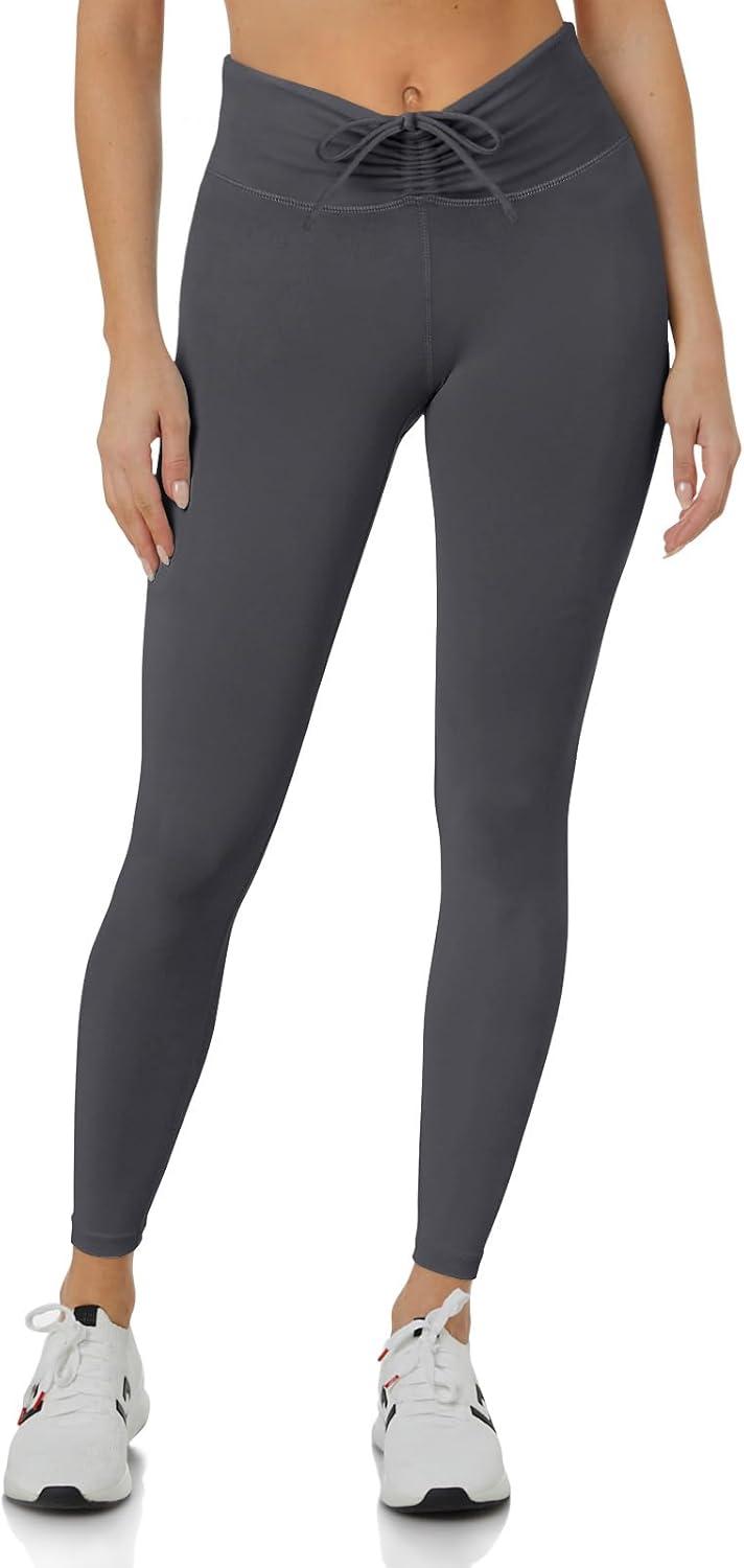 imageREORIA Workout Leggings for Women 25 Inches  High Waisted 78 Adjustable Drawstring Stretchy Yoga PantsDeep Grey