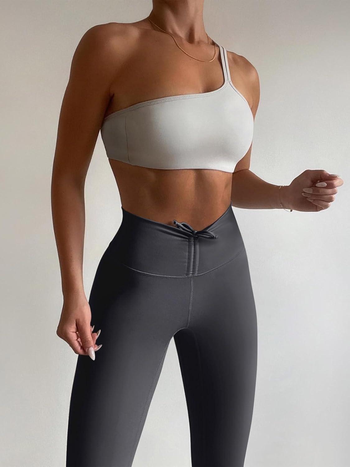 imageREORIA Workout Leggings for Women 25 Inches  High Waisted 78 Adjustable Drawstring Stretchy Yoga PantsDeep Grey