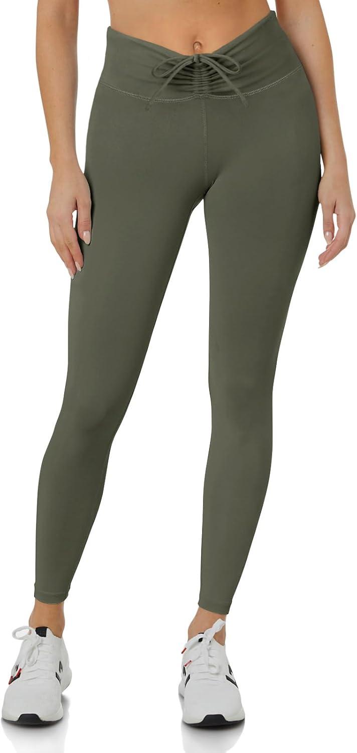 imageREORIA Workout Leggings for Women 25 Inches  High Waisted 78 Adjustable Drawstring Stretchy Yoga PantsGray Green