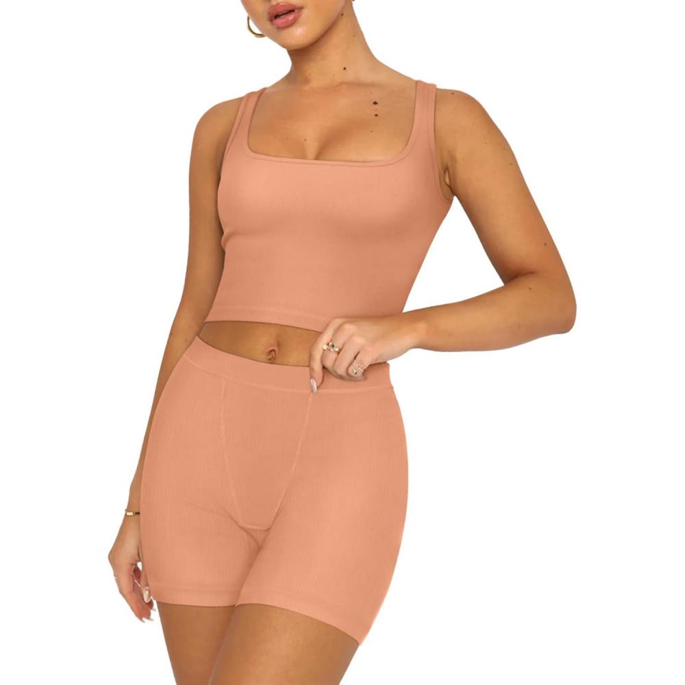 imageREORIA Matching Workout Sets for Women 2 Pieces Sleeveless Ribbed Crop Tank Mid Waist Shorts Lounge Yoga Outfits Active WearPeach Fuzz