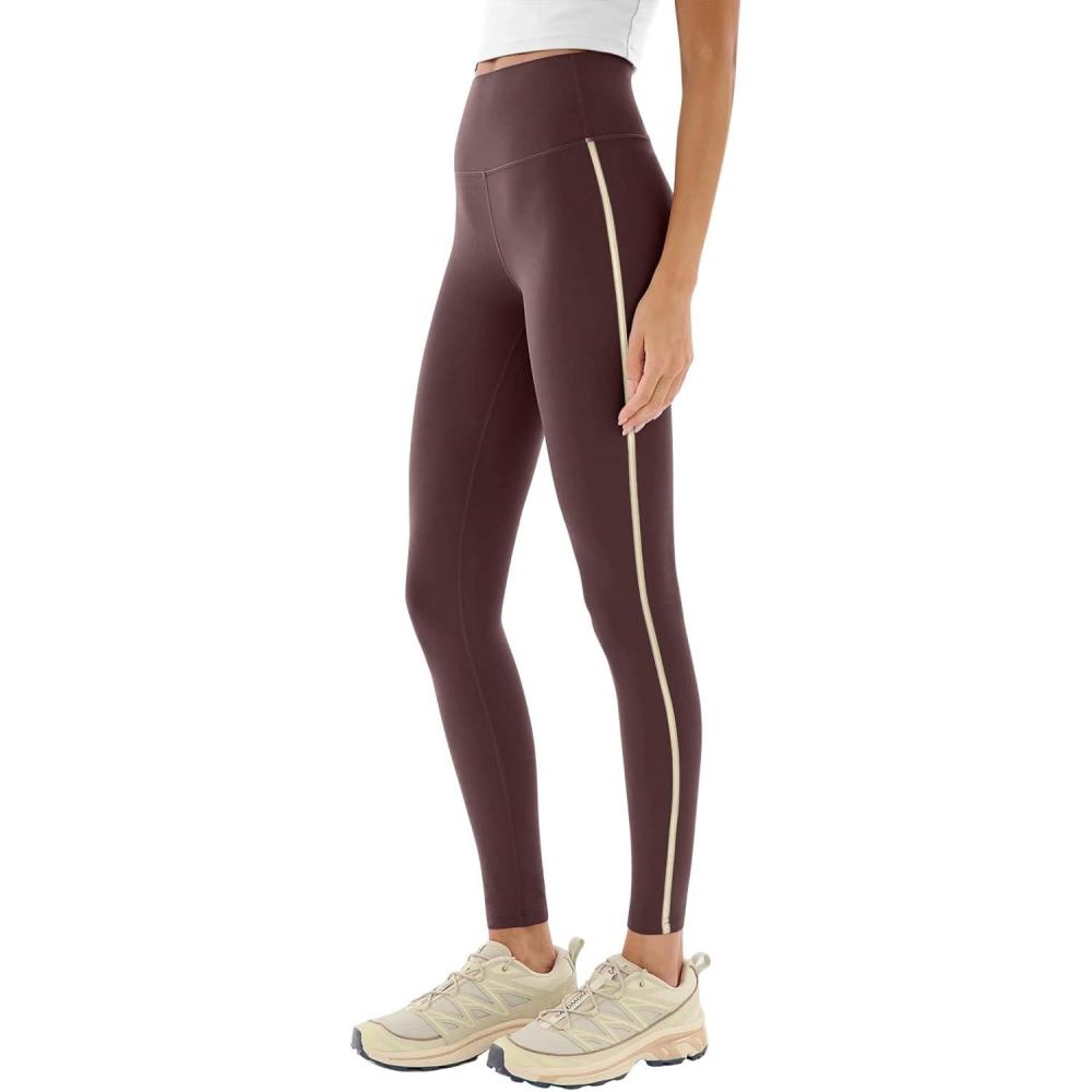 imageREORIA Striped High Waist Yoga Pants Women Workout Leggings for Women Tummy ControlDark Coffee