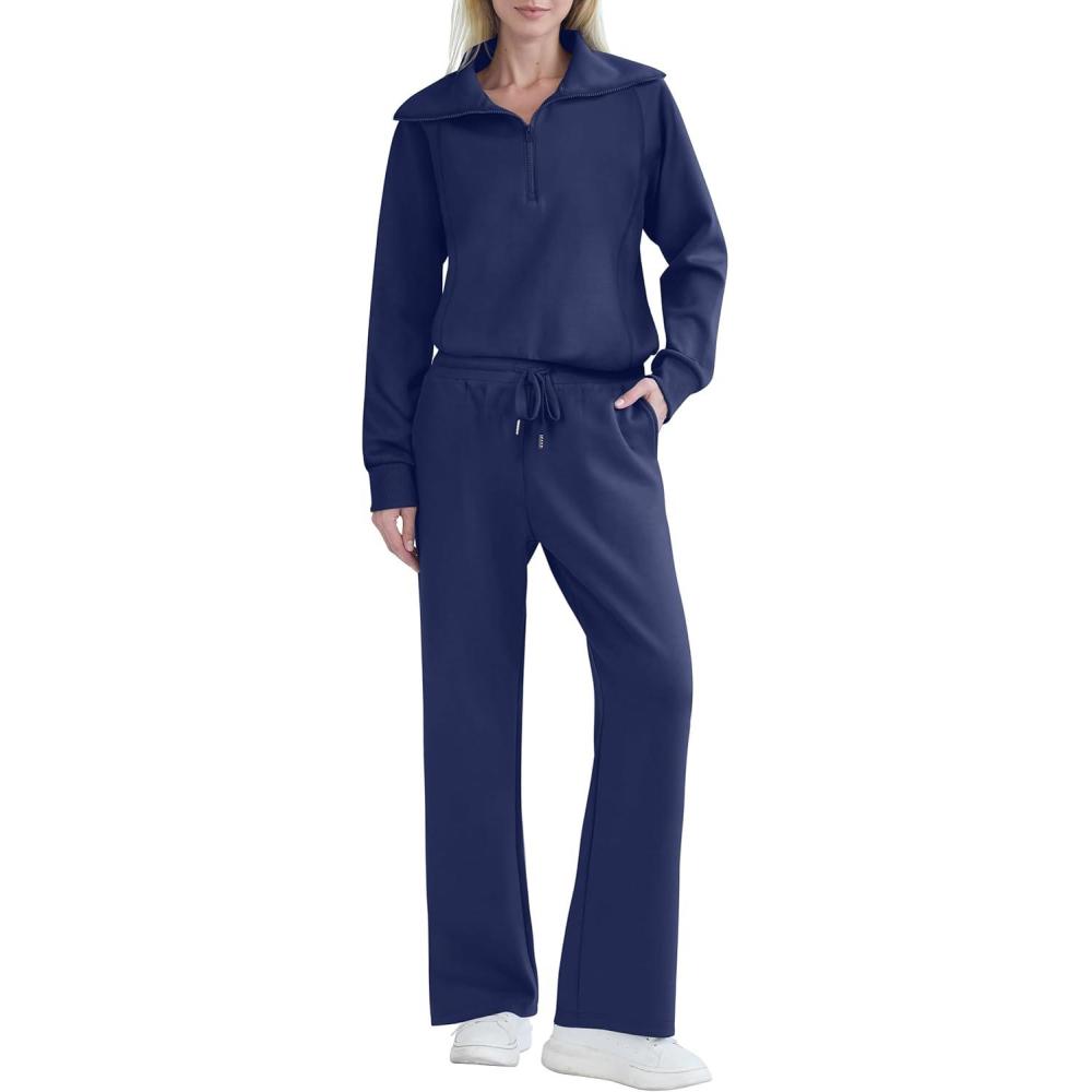 imageREORIA Women 2 Piece Outfits Fall Sweatsuit Oversized Sweatshirt Sweatpants Tracksuit Sweat Lounge Basic Matching Set 2024Dark Blue