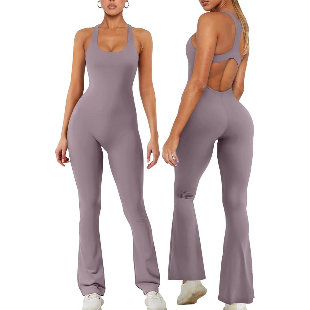 imageREORIA Women Trendy Summer Sexy Scoop Neck Sleeveless Backless Full Body Tummy Control Workout Bodycon Flare JumpsuitsHazy Lilac