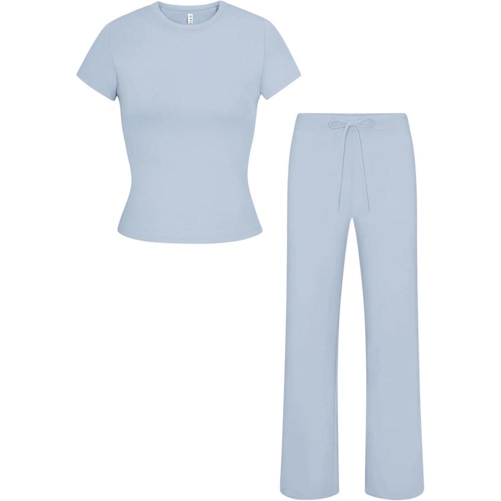 imageREORIA Womens 2 Piece Lounge Sets Short Sleeve Basic Tops Straight Leg Pants Comfy Casual Outfits TracksuitsLight Blue