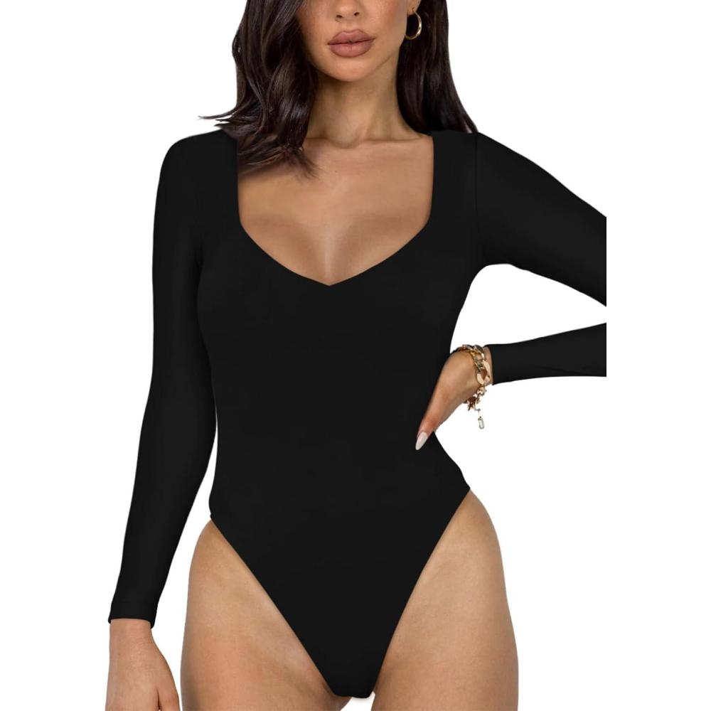 imageREORIA Womens Basic Sexy V Neck Double Lined Long Sleeve Slimming Going Out Thong Bodysuits TopsBlack
