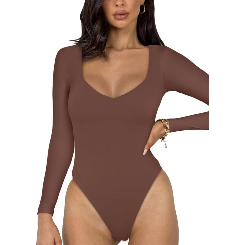 imageREORIA Womens Basic Sexy V Neck Double Lined Long Sleeve Slimming Going Out Thong Bodysuits TopsCoffee