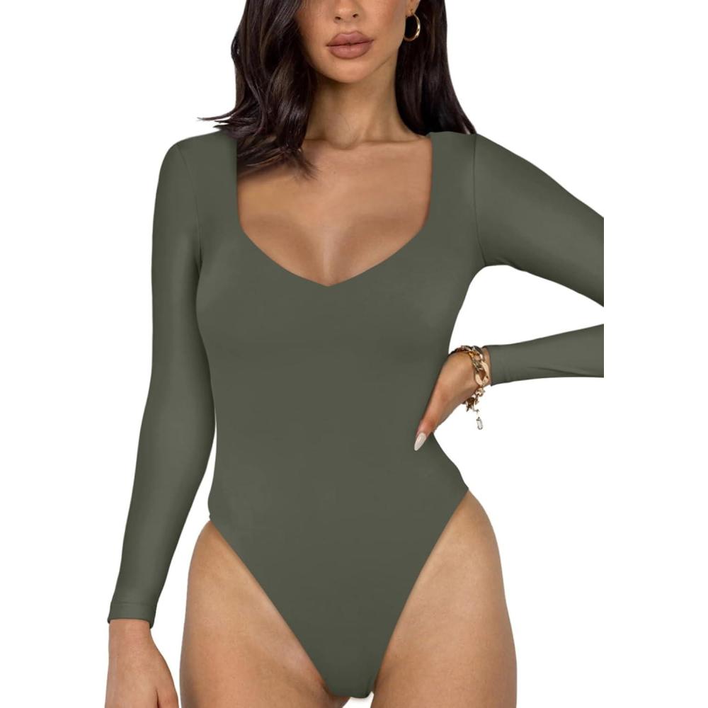 imageREORIA Womens Basic Sexy V Neck Double Lined Long Sleeve Slimming Going Out Thong Bodysuits TopsGrey Green