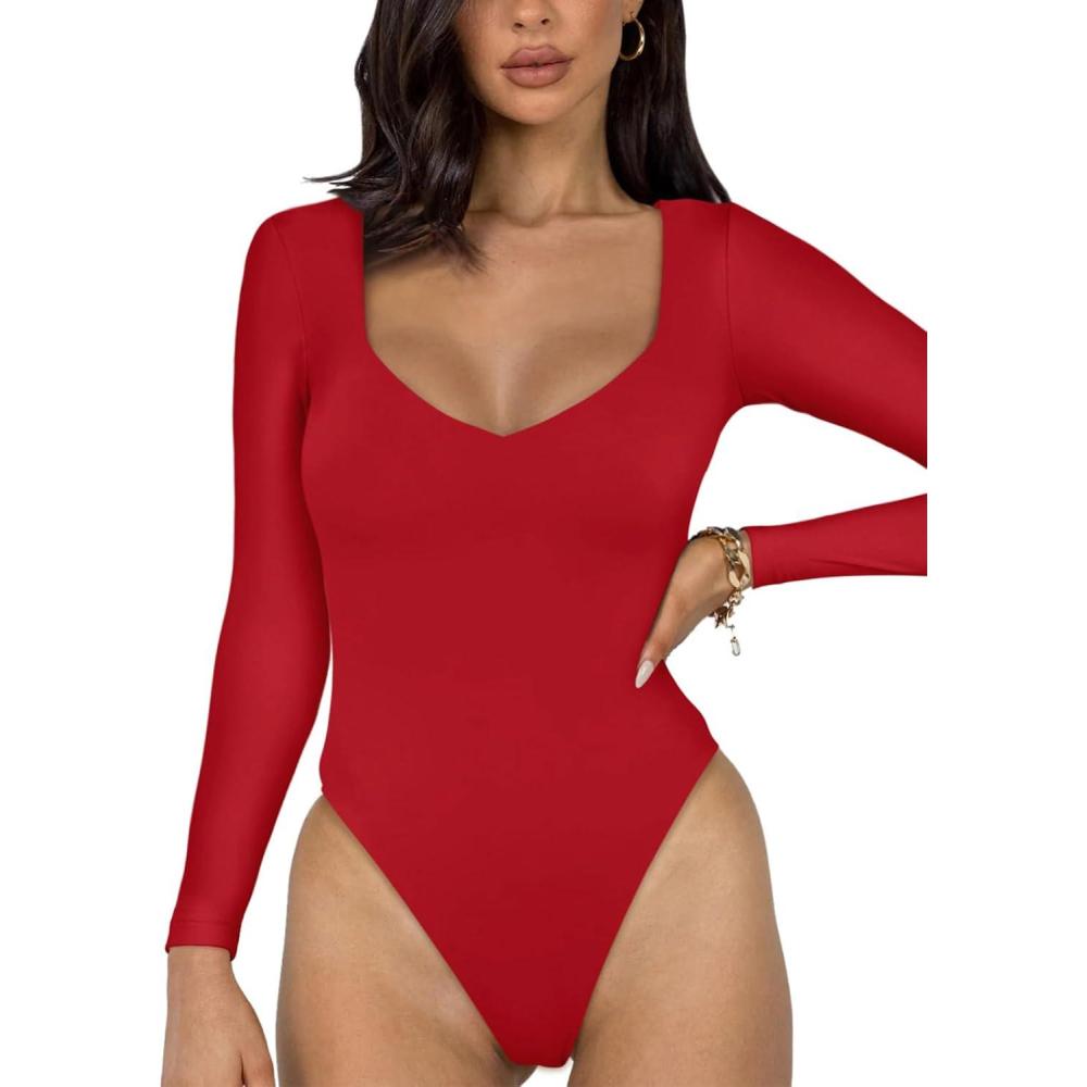 imageREORIA Womens Basic Sexy V Neck Double Lined Long Sleeve Slimming Going Out Thong Bodysuits TopsRed