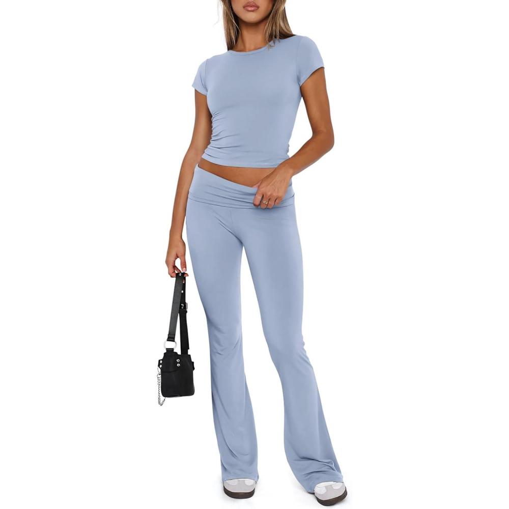 imageREORIA Womens Casual Outfits Soft Short Sleeve Crop Top Fold Over Flare Pants Y2K 2 Piece Pajama Lounge SetsLight Blue