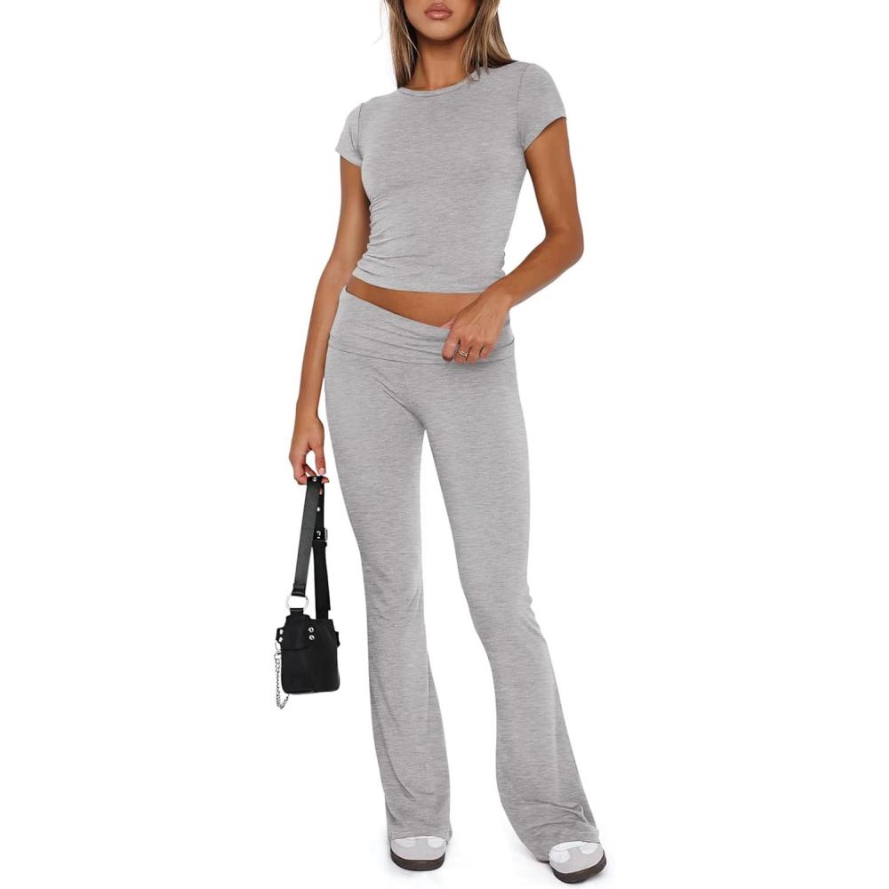imageREORIA Womens Casual Outfits Soft Short Sleeve Crop Top Fold Over Flare Pants Y2K 2 Piece Pajama Lounge SetsLight Heather Grey