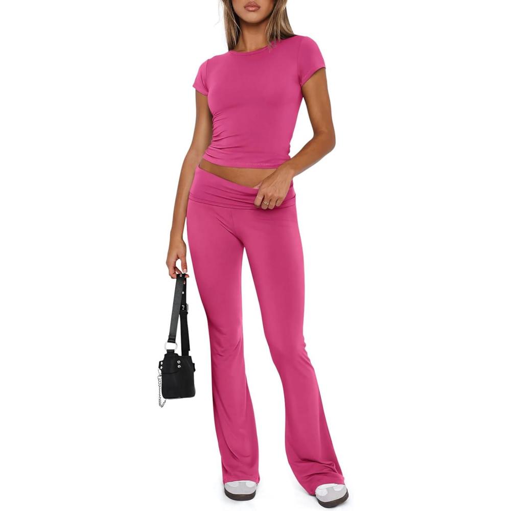 imageREORIA Womens Casual Outfits Soft Short Sleeve Crop Top Fold Over Flare Pants Y2K 2 Piece Pajama Lounge SetsRose Red