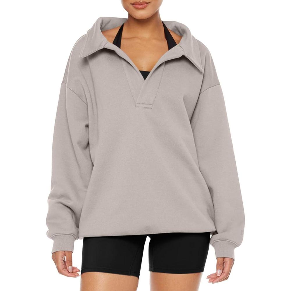 imageREORIA Womens Oversized Sweatshirts Fleece V Neck Pullover Tops Casual Comfy Fall Trendy Clothes 2024Apricot