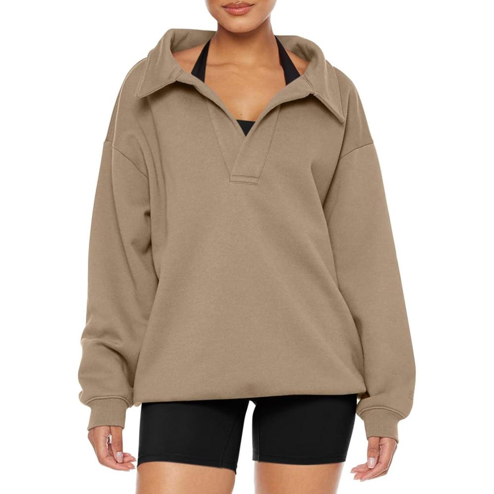 imageREORIA Womens Oversized Sweatshirts Fleece V Neck Pullover Tops Casual Comfy Fall Trendy Clothes 2024Khaki
