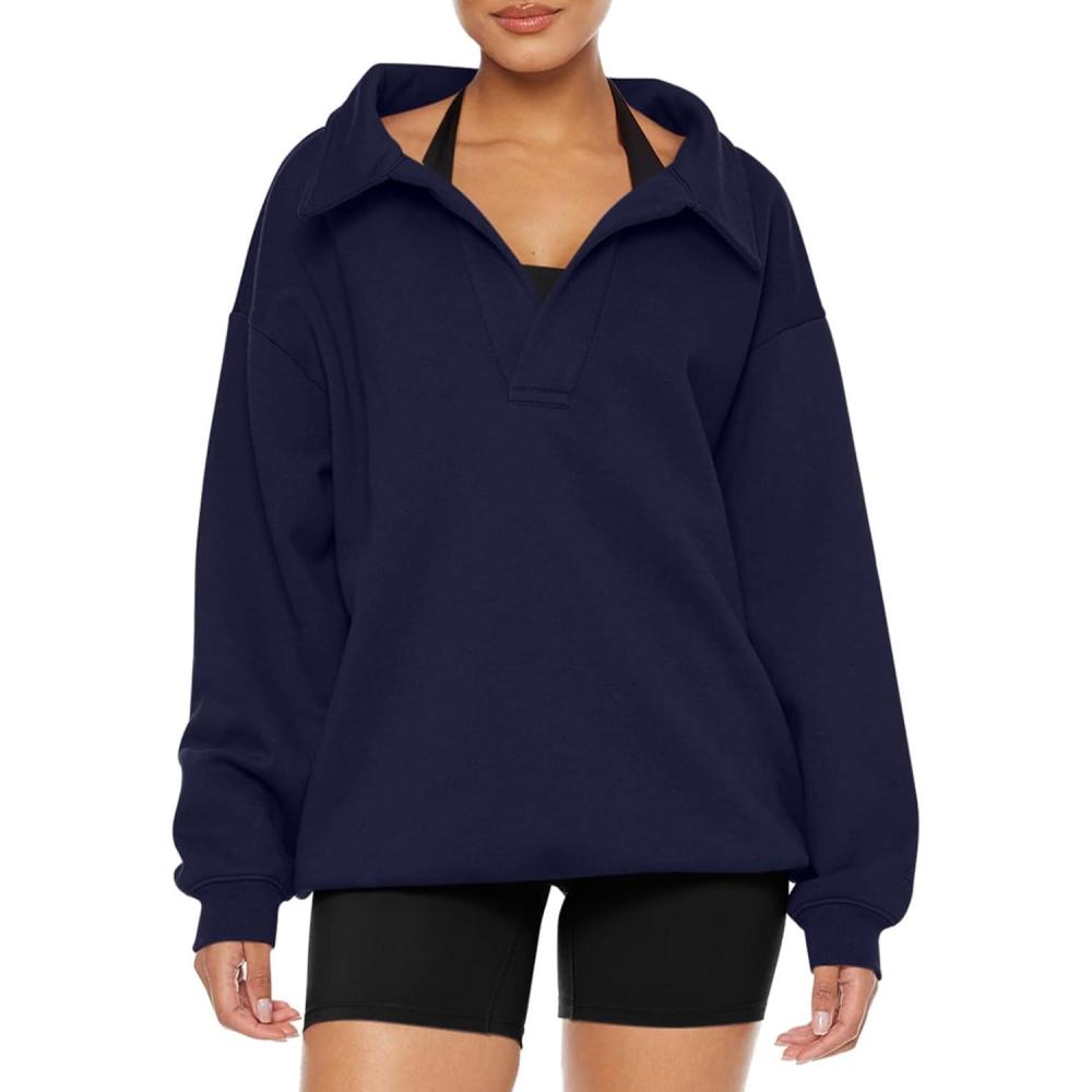 imageREORIA Womens Oversized Sweatshirts Fleece V Neck Pullover Tops Casual Comfy Fall Trendy Clothes 2024Navy Blue