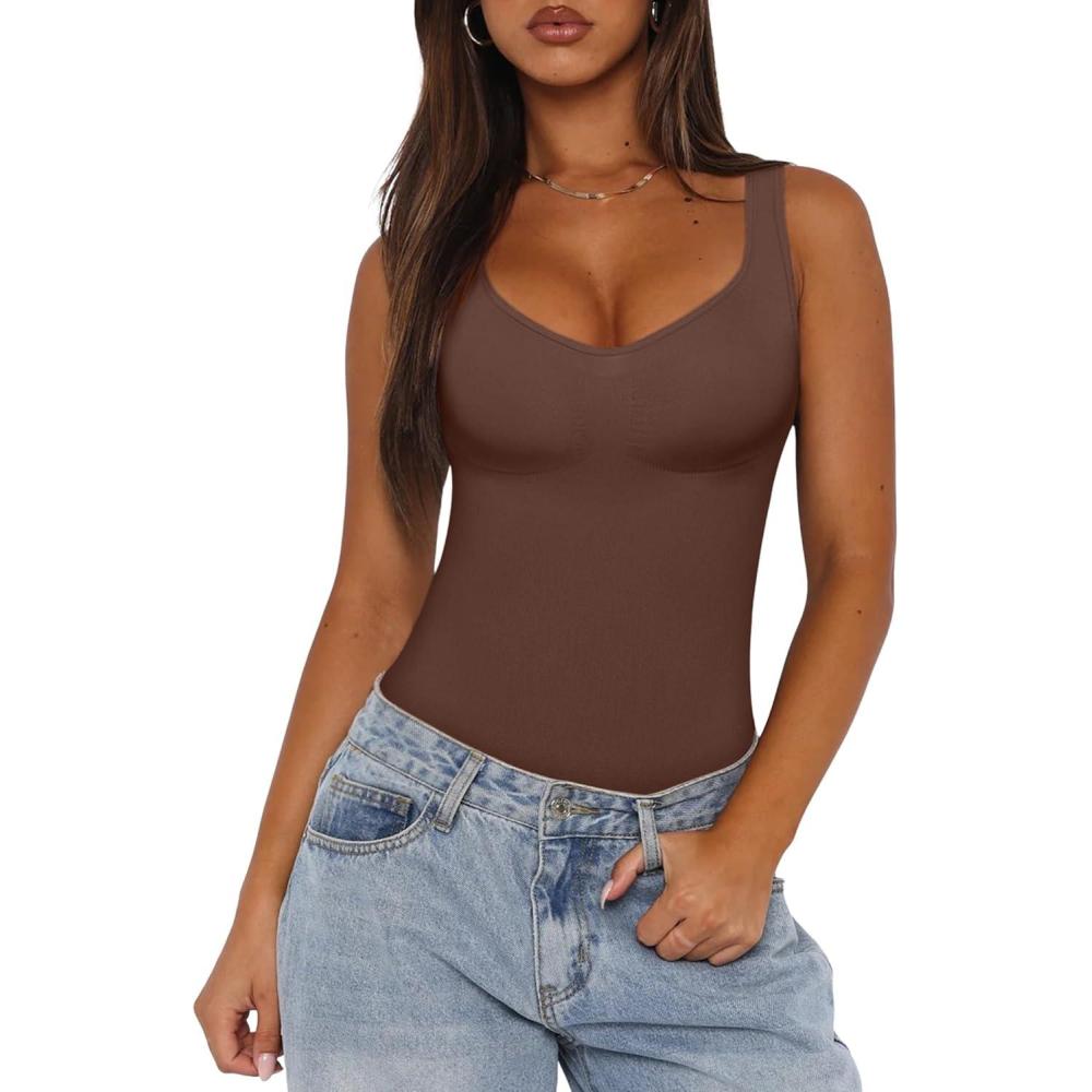 imageREORIA Womens Summer Tank Bodysuits Trendy Sexy Leotard V Neck Sleeveless Bodysuits TopsCoffee