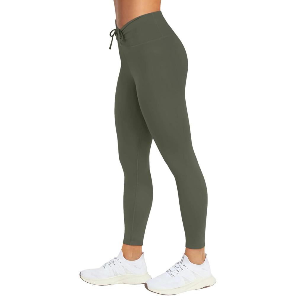imageREORIA Workout Leggings for Women 25 Inches  High Waisted 78 Adjustable Drawstring Stretchy Yoga PantsGray Green
