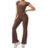imageREORIA Women Sexy Square Neck Short Sleeve Bodycon Jumpsuit Full Length Stretchy One Piece Yoga Flare JumpsuitsCoffee