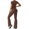 imageREORIA Women Sexy Square Neck Short Sleeve Bodycon Jumpsuit Full Length Stretchy One Piece Yoga Flare JumpsuitsCoffee