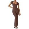 imageREORIA Women Sexy Square Neck Short Sleeve Bodycon Jumpsuit Full Length Stretchy One Piece Yoga Flare JumpsuitsCoffee