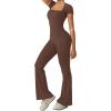 imageREORIA Women Sexy Square Neck Short Sleeve Bodycon Jumpsuit Full Length Stretchy One Piece Yoga Flare JumpsuitsCoffee
