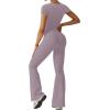 imageREORIA Women Sexy Square Neck Short Sleeve Bodycon Jumpsuit Full Length Stretchy One Piece Yoga Flare JumpsuitsHazy Lilac
