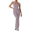 imageREORIA Women Sexy Square Neck Short Sleeve Bodycon Jumpsuit Full Length Stretchy One Piece Yoga Flare JumpsuitsHazy Lilac