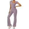 imageREORIA Women Sexy Square Neck Short Sleeve Bodycon Jumpsuit Full Length Stretchy One Piece Yoga Flare JumpsuitsHazy Lilac