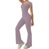 imageREORIA Women Sexy Square Neck Short Sleeve Bodycon Jumpsuit Full Length Stretchy One Piece Yoga Flare JumpsuitsHazy Lilac