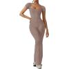 imageREORIA Women Sexy Square Neck Short Sleeve Bodycon Jumpsuit Full Length Stretchy One Piece Yoga Flare JumpsuitsTaupe