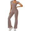 imageREORIA Women Sexy Square Neck Short Sleeve Bodycon Jumpsuit Full Length Stretchy One Piece Yoga Flare JumpsuitsTaupe