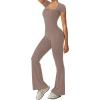 imageREORIA Women Sexy Square Neck Short Sleeve Bodycon Jumpsuit Full Length Stretchy One Piece Yoga Flare JumpsuitsTaupe