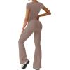 imageREORIA Women Sexy Square Neck Short Sleeve Bodycon Jumpsuit Full Length Stretchy One Piece Yoga Flare JumpsuitsTaupe