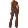 imageREORIA Women Trendy Summer Sexy Scoop Neck Sleeveless Backless Full Body Tummy Control Workout Bodycon Flare JumpsuitsCoffee