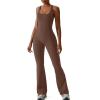 imageREORIA Women Trendy Summer Sexy Scoop Neck Sleeveless Backless Full Body Tummy Control Workout Bodycon Flare JumpsuitsCoffee