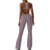 imageREORIA Women Trendy Summer Sexy Scoop Neck Sleeveless Backless Full Body Tummy Control Workout Bodycon Flare JumpsuitsHazy Lilac