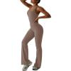 imageREORIA Women Trendy Summer Sexy Scoop Neck Sleeveless Backless Full Body Tummy Control Workout Bodycon Flare JumpsuitsTaupe