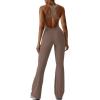 imageREORIA Women Trendy Summer Sexy Scoop Neck Sleeveless Backless Full Body Tummy Control Workout Bodycon Flare JumpsuitsTaupe