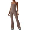 imageREORIA Women Trendy Summer Sexy Scoop Neck Sleeveless Backless Full Body Tummy Control Workout Bodycon Flare JumpsuitsTaupe