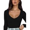 imageREORIA Womens Basic Sexy V Neck Double Lined Long Sleeve Slimming Going Out Thong Bodysuits TopsBlack