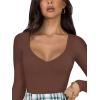 imageREORIA Womens Basic Sexy V Neck Double Lined Long Sleeve Slimming Going Out Thong Bodysuits TopsCoffee